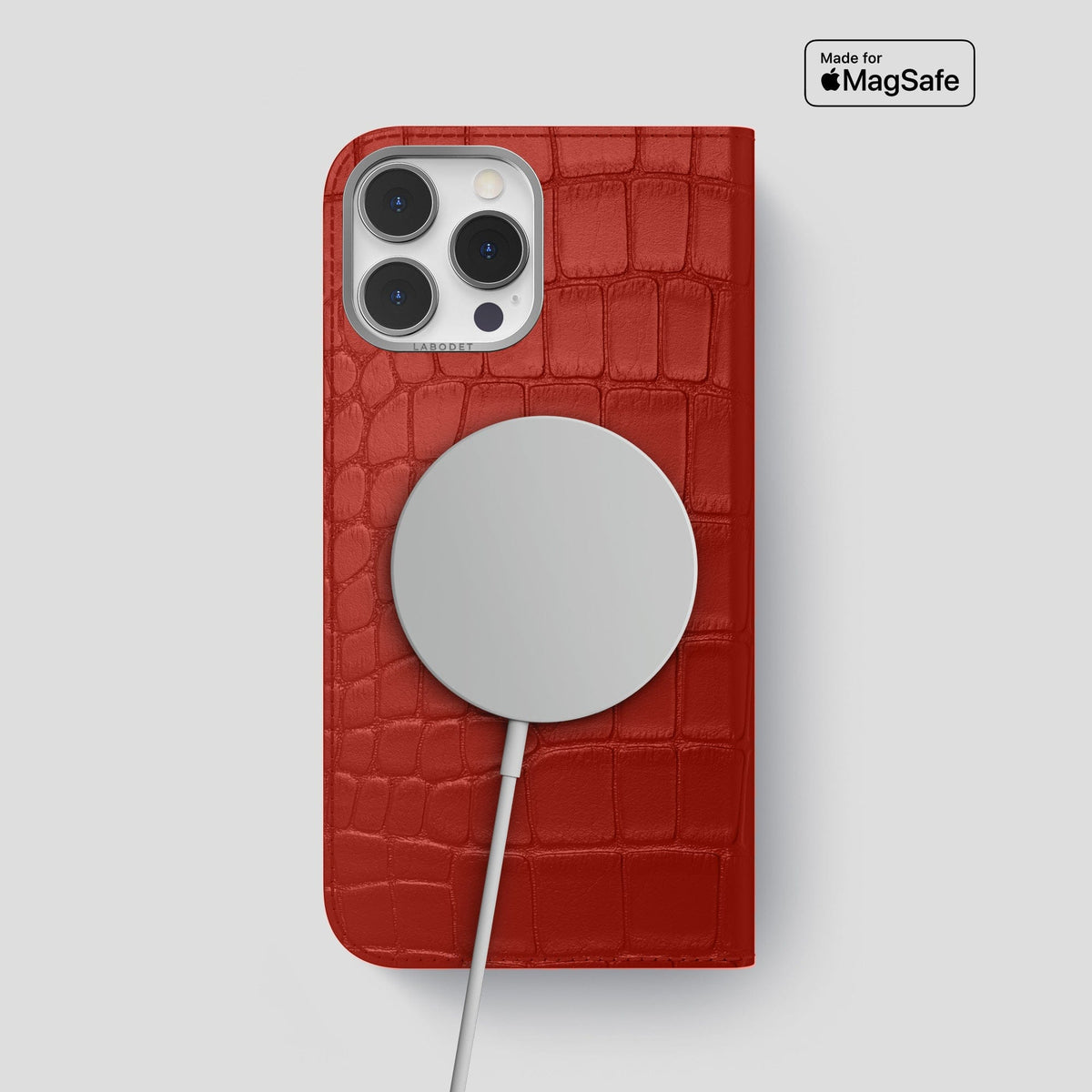 Red iPhone 14 Pro Max Folio Case Alligator with Steel Metal -3 | Red-Steel