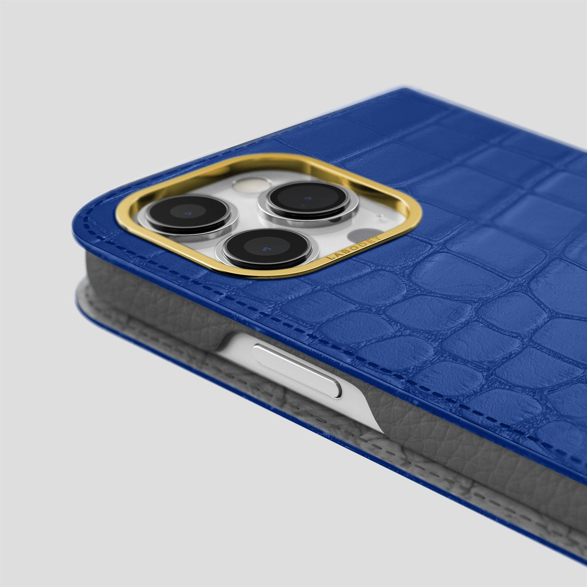 Royal Blue iPhone 14 Pro Max Folio Case Alligator with Gold Metal -5 | Royal-Blue-Gold