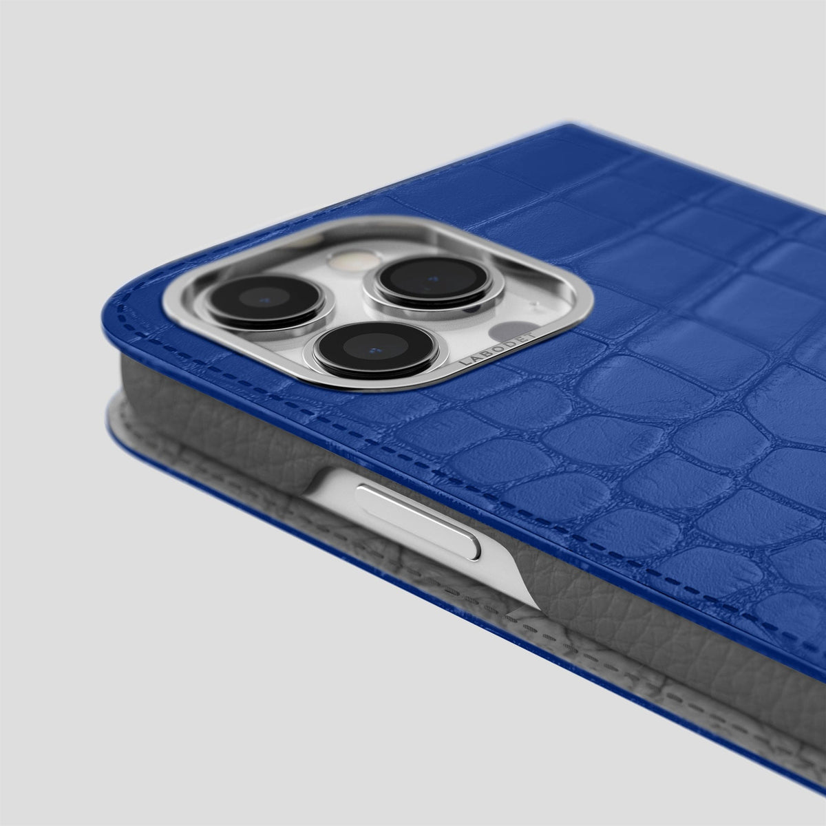 Royal Blue iPhone 14 Pro Max Folio Case Alligator with Steel Metal -5 | Royal-Blue-Steel
