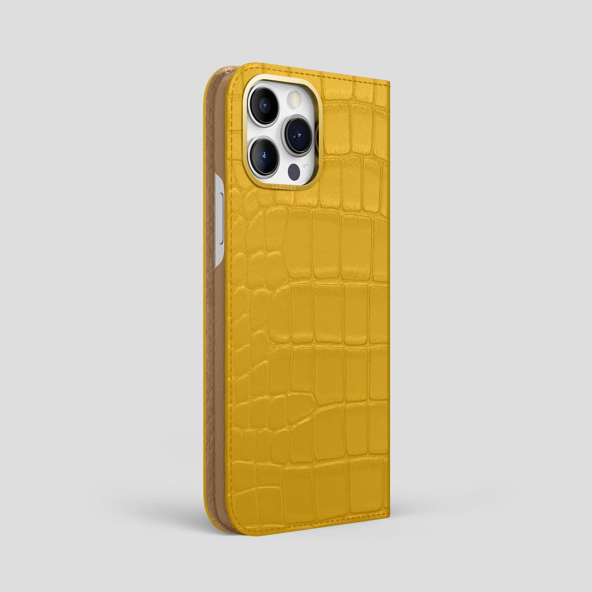 Yellow iPhone 14 Pro Max Folio Case Alligator with Gold Metal -1 | Yellow-Gold