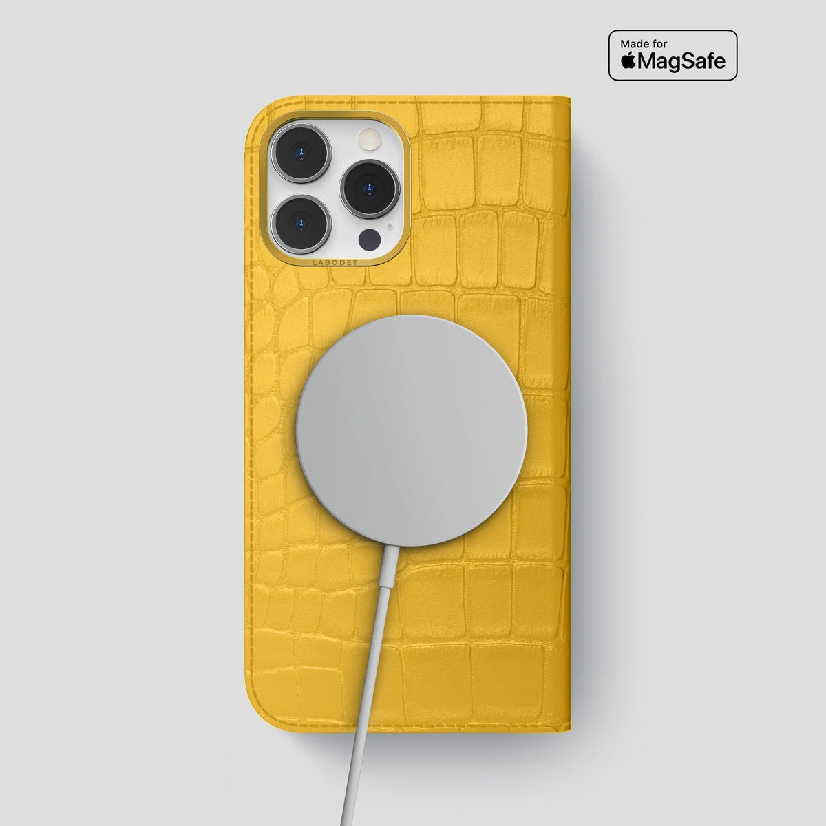 Yellow iPhone 14 Pro Max Folio Case Alligator with Gold Metal -3 | Yellow-Gold