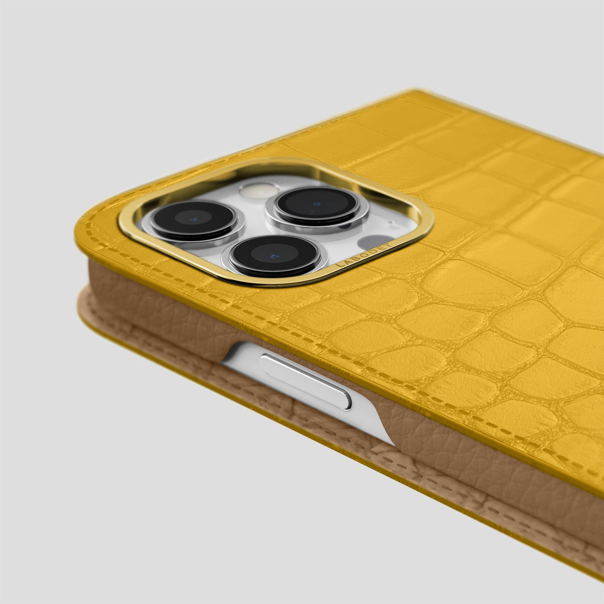 Yellow iPhone 14 Pro Max Folio Case Alligator with Gold Metal -5 | Yellow-Gold