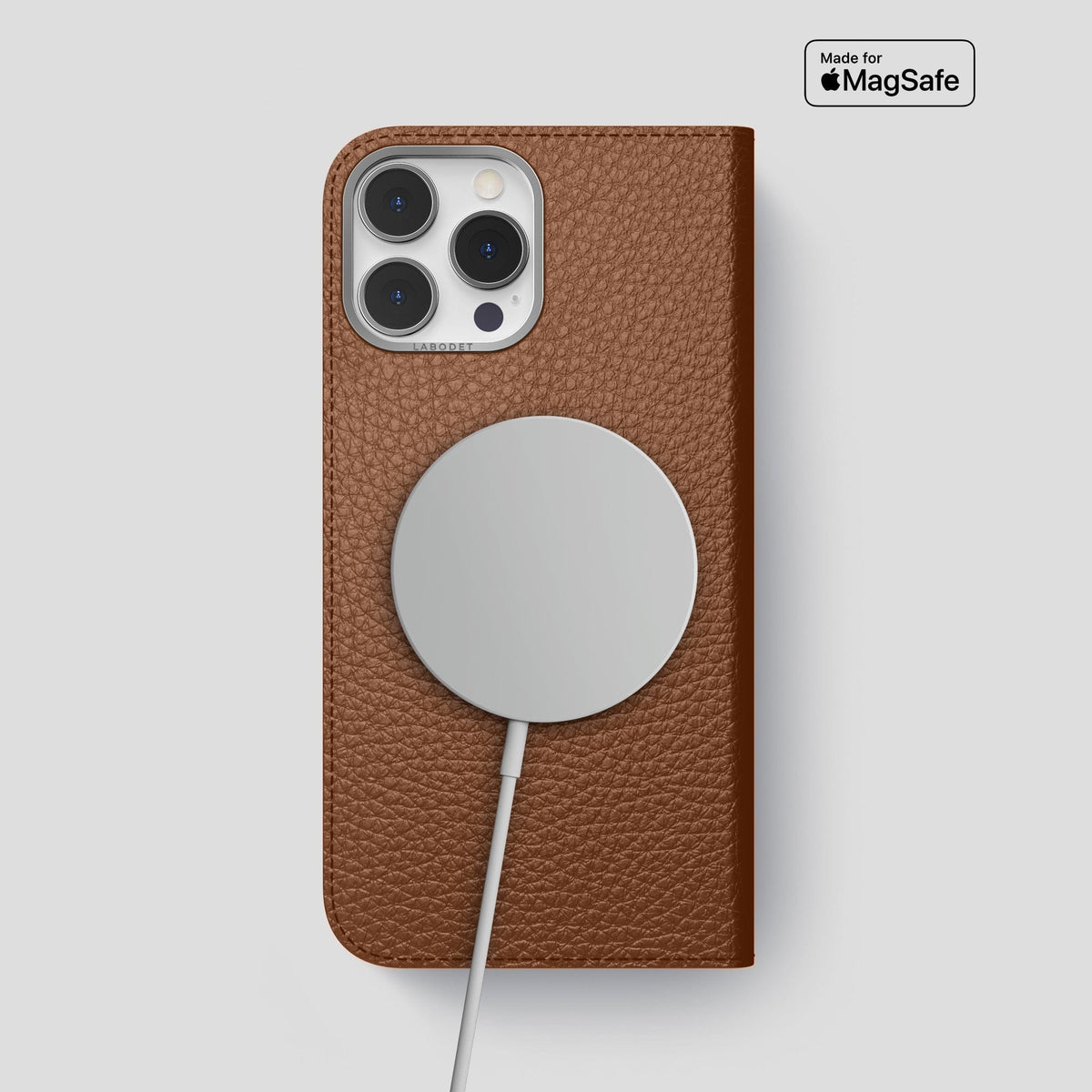Caramel iPhone 14 Pro Max Folio Magsafe Case Calf with Steel Metal -3 | Caramel-Steel