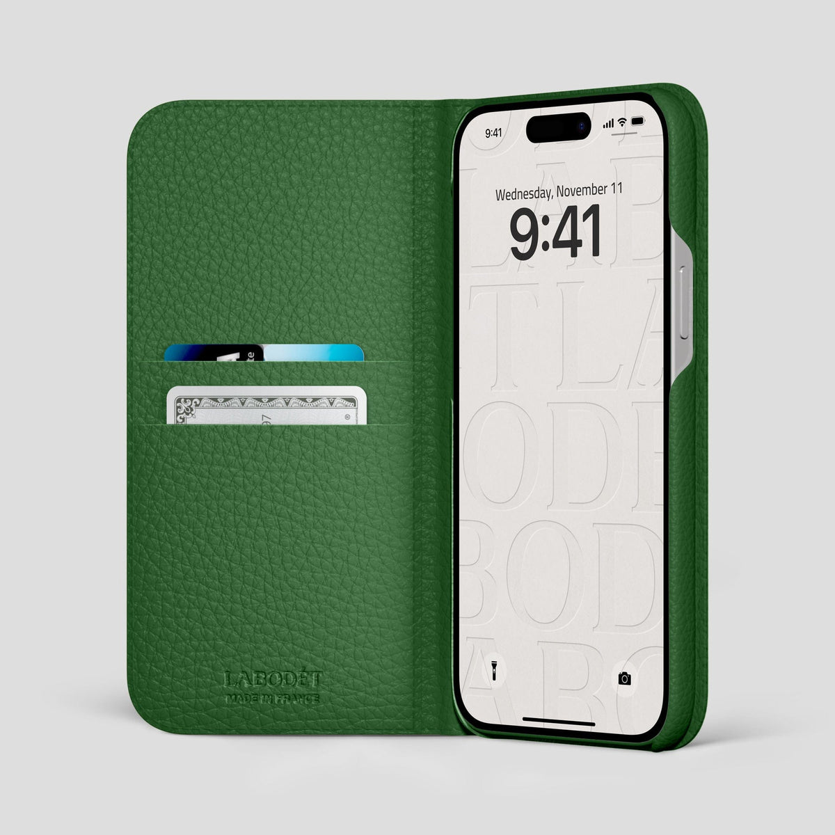 Dark Green iPhone 14 Pro Max Folio Magsafe Case Calf with Black Metal -2 | Dark-Green-Black