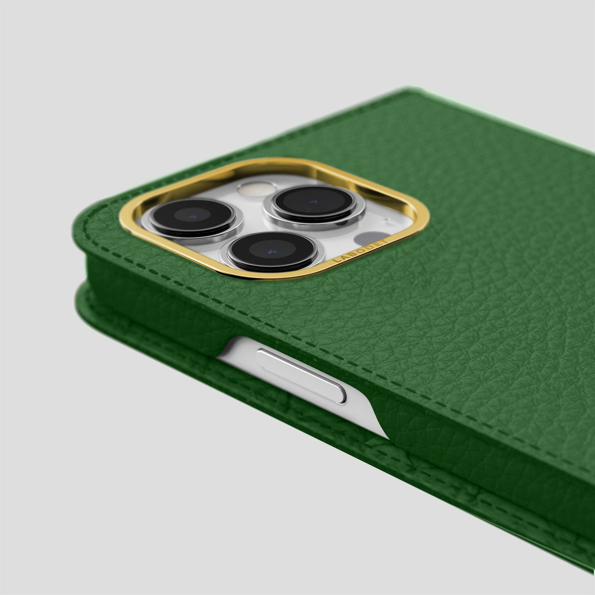 Dark Green iPhone 14 Pro Max Folio Magsafe Case Calf with Gold Metal -5 | Dark-Green-Gold