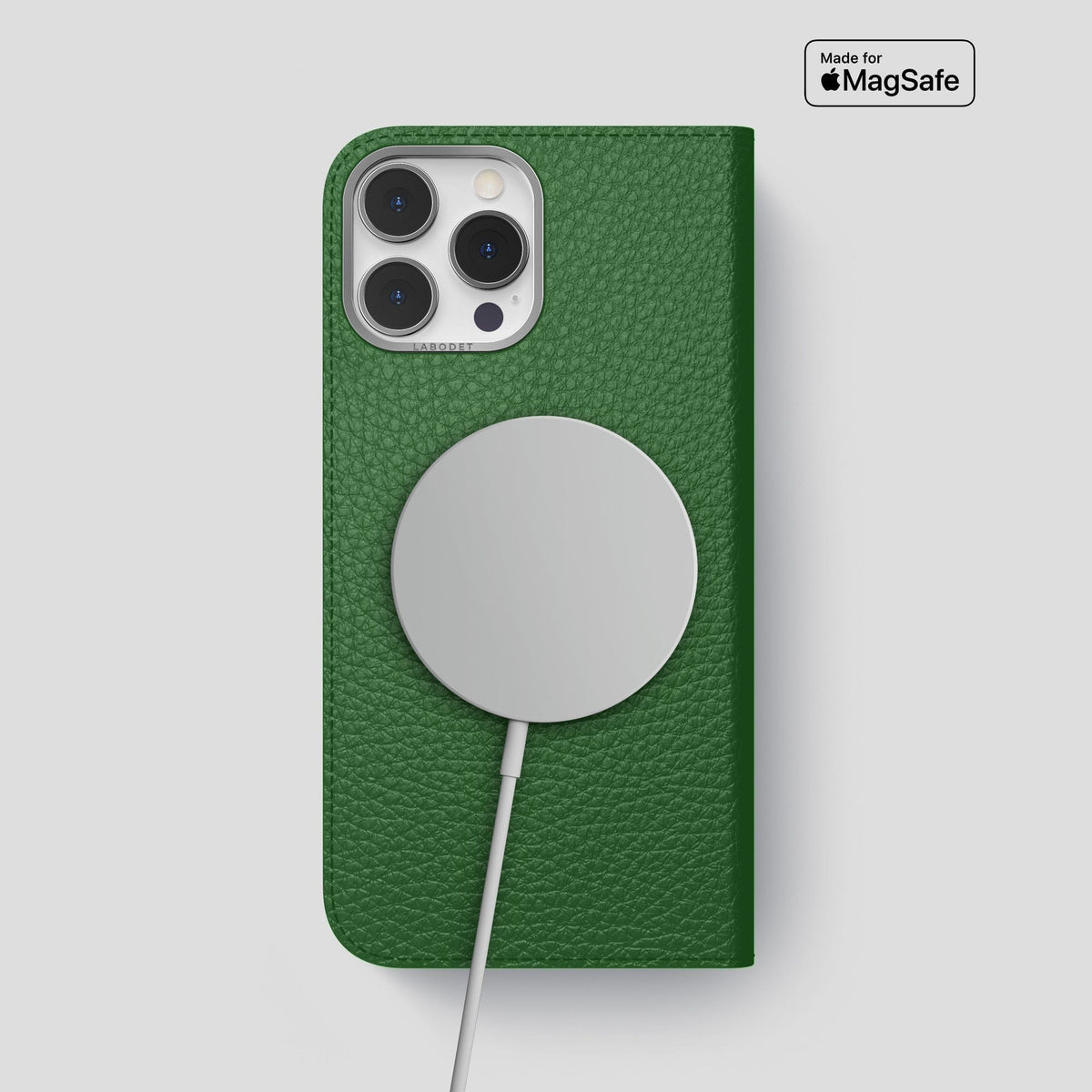 Dark Green iPhone 14 Pro Max Folio Magsafe Case Calf with Steel Metal -3 | Dark-Green-Steel