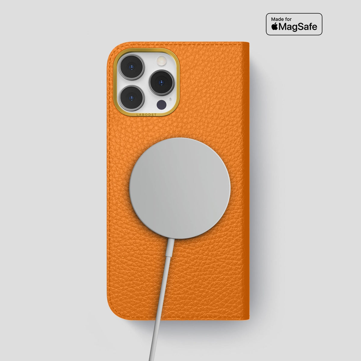 Orange iPhone 14 Pro Max Folio Magsafe Case Calf with Gold Metal -3 | Orange-Gold