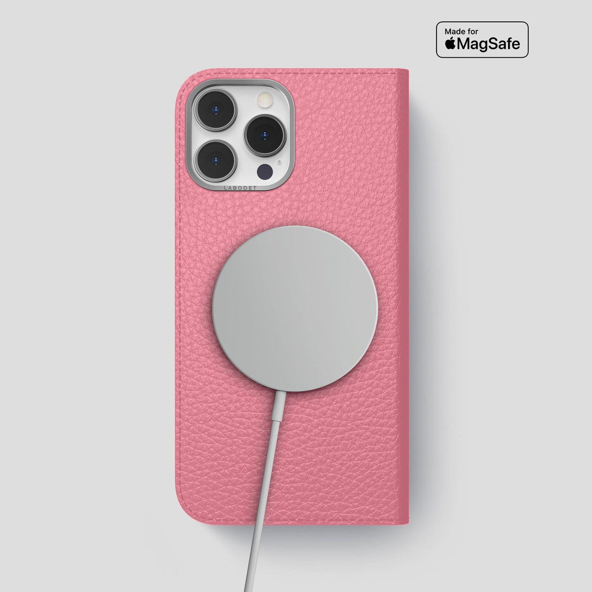Pink iPhone 14 Pro Max Folio Magsafe Case Calf with Steel Metal -3 | Pink-Steel