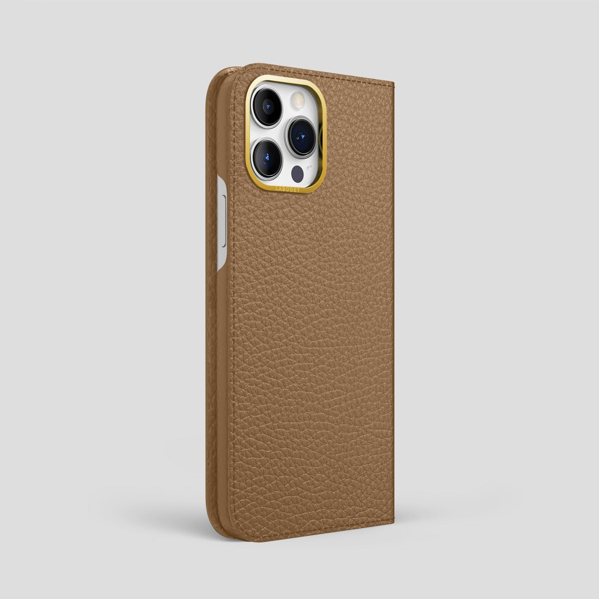 Taupe iPhone 14 Pro Max Folio Magsafe Case Calf with Gold Metal -1 | Taupe-Gold