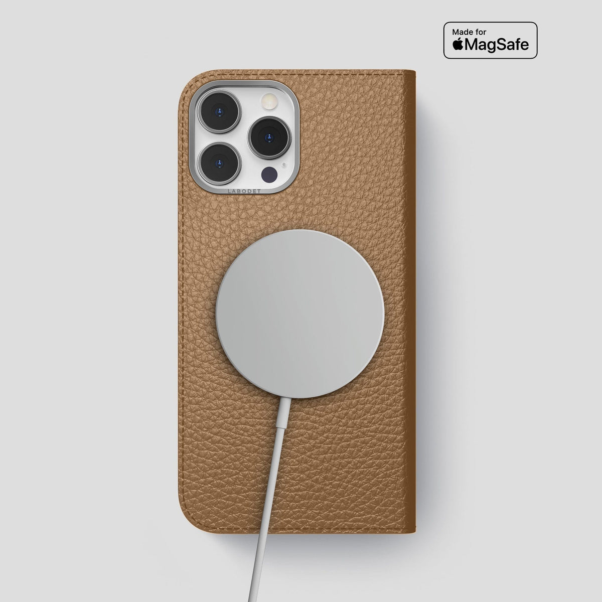 Taupe iPhone 14 Pro Max Folio Magsafe Case Calf with Steel Metal -3 | Taupe-Steel