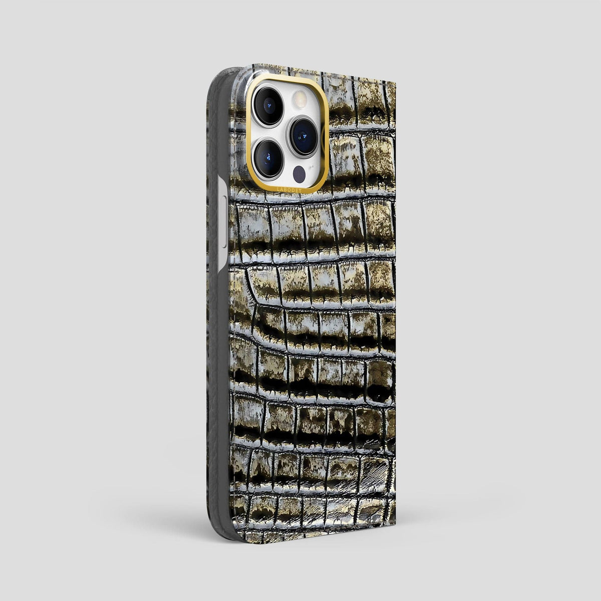 Antique-Bronze iPhone 14 Pro Max Folio Case Himalayan Crocodile with Gold Metal -1 | Antique-Bronze-Gold