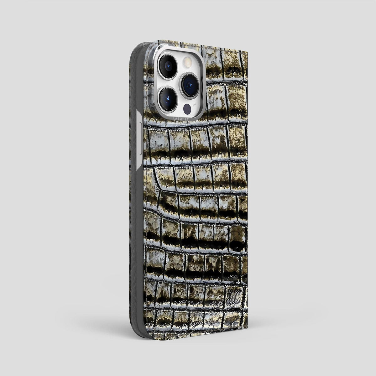 Antique-Bronze iPhone 14 Pro Max Folio Case Himalayan Crocodile with Steel Metal -1 | Antique-Bronze-Steel