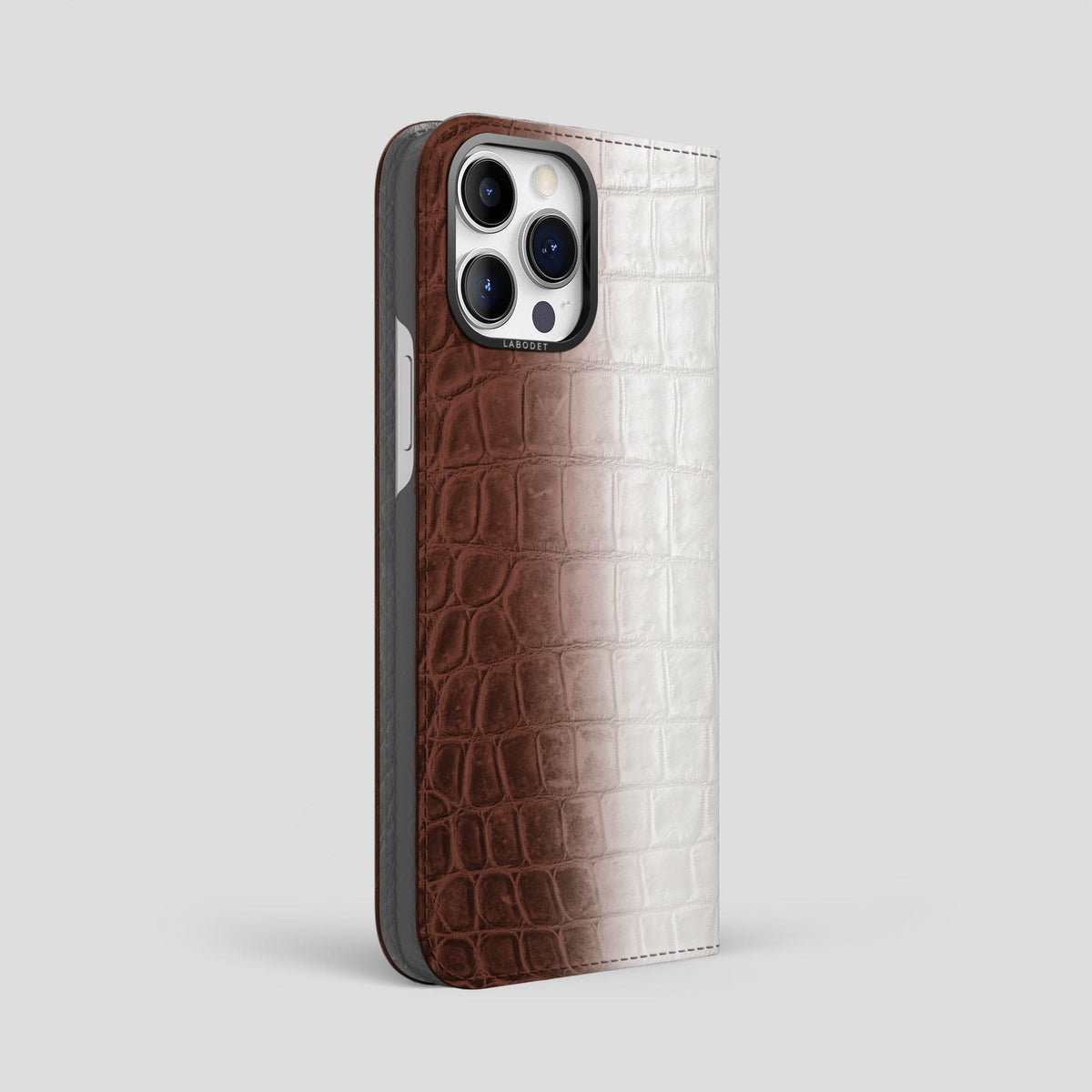 Dark Brown iPhone 15 Pro Max Folio Case Himalayan Crocodile with Black Metal -1 | Dark-Brown-Black
