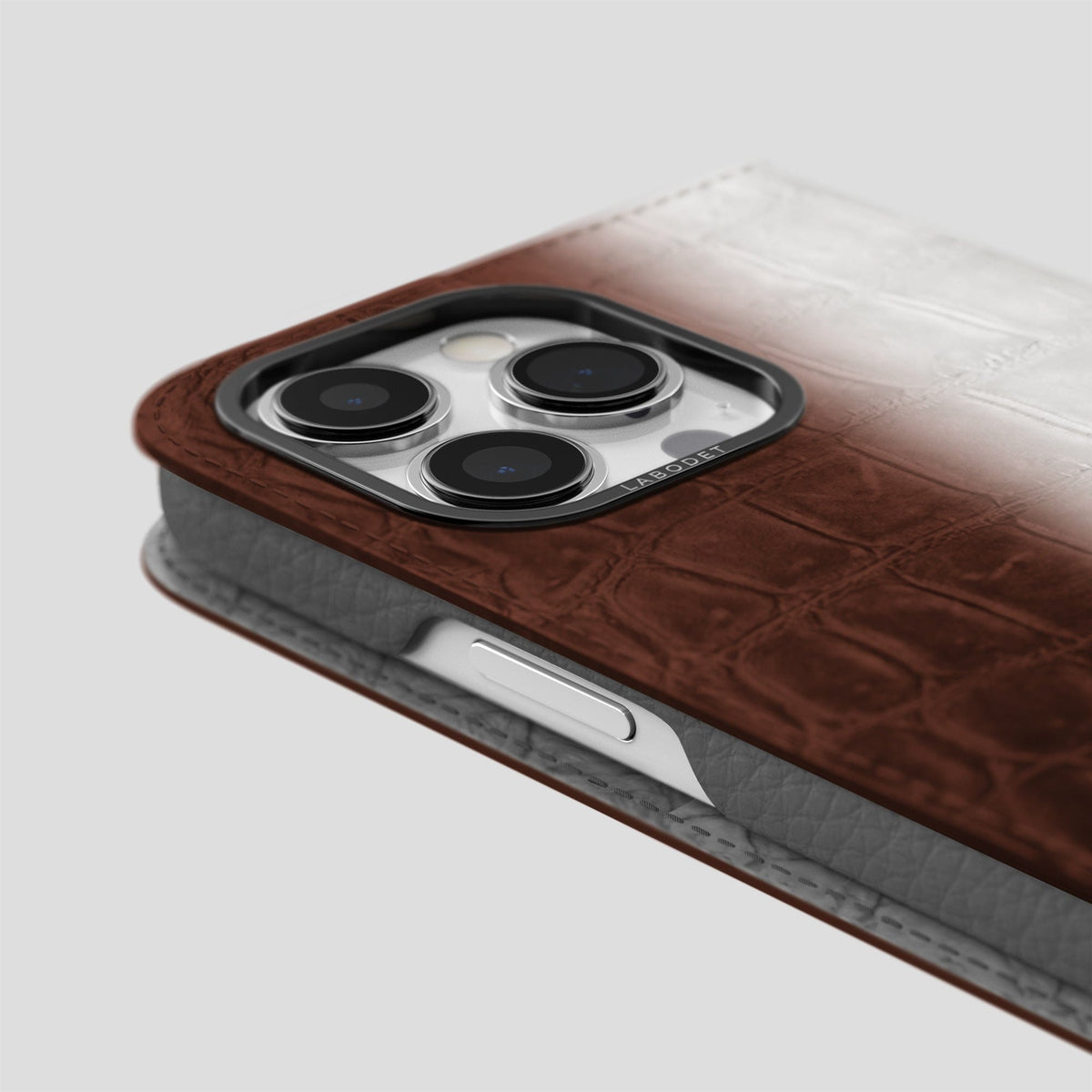 Dark Brown iPhone 15 Pro Max Folio Case Himalayan Crocodile with Black Metal -5 | Dark-Brown-Black