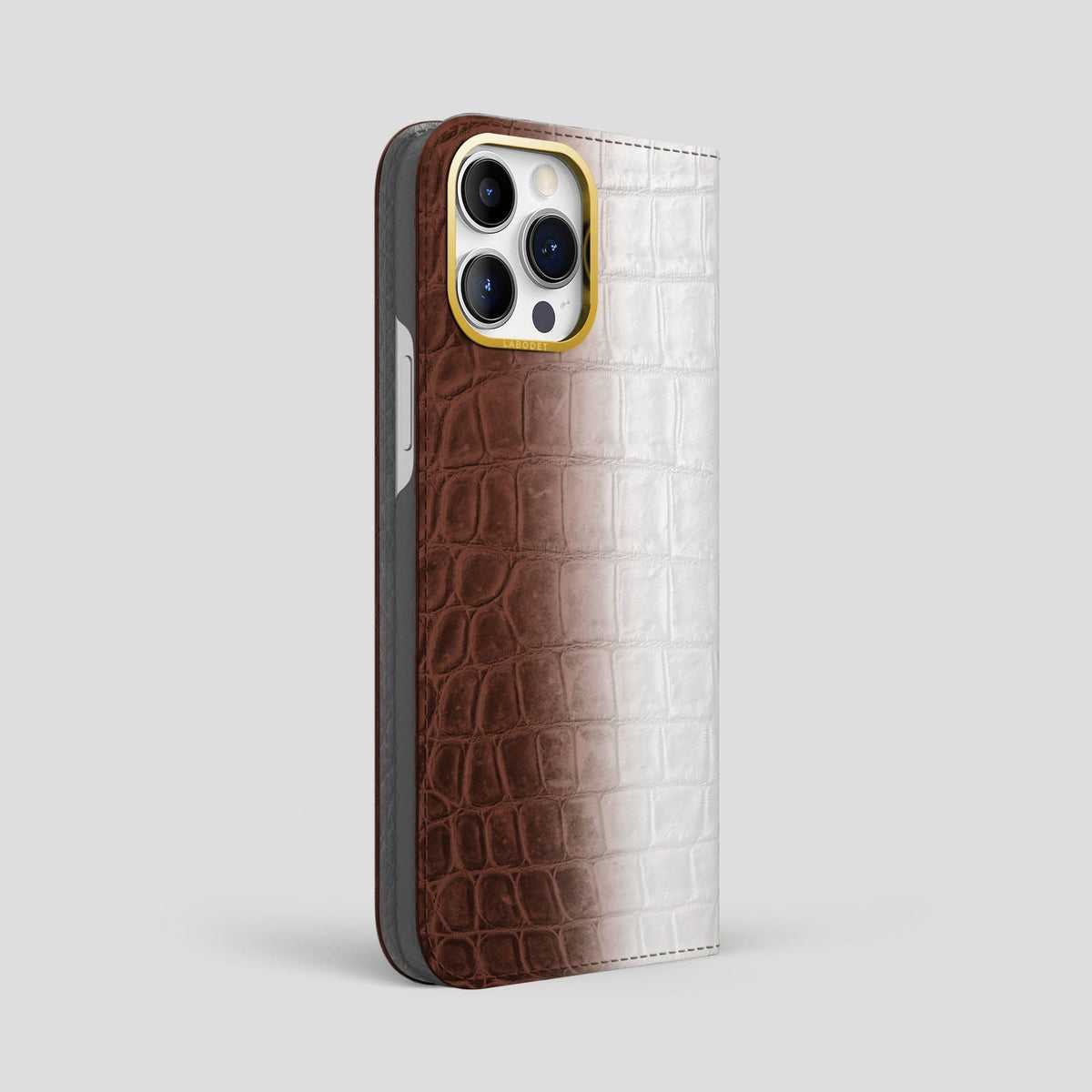 Dark Brown iPhone 15 Pro Max Folio Case Himalayan Crocodile with Gold Metal -1 | Dark-Brown-Gold