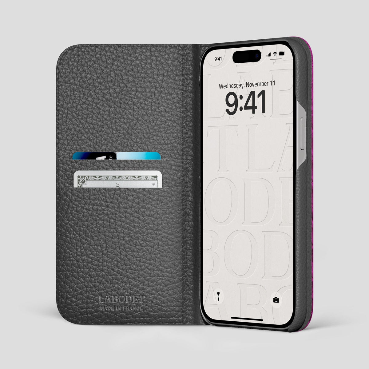 Fuchsia iPhone 14 Pro Max Folio Case Himalayan Crocodile with Black Metal -2 | Fuchsia-Black