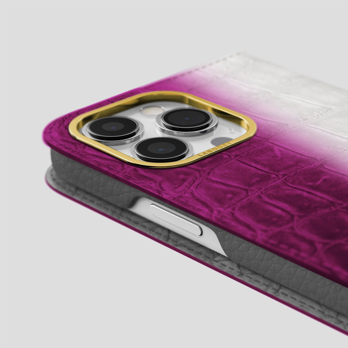 Fuchsia iPhone 14 Pro Max Folio Case Himalayan Crocodile with Gold Metal -5 | Fuchsia-Gold