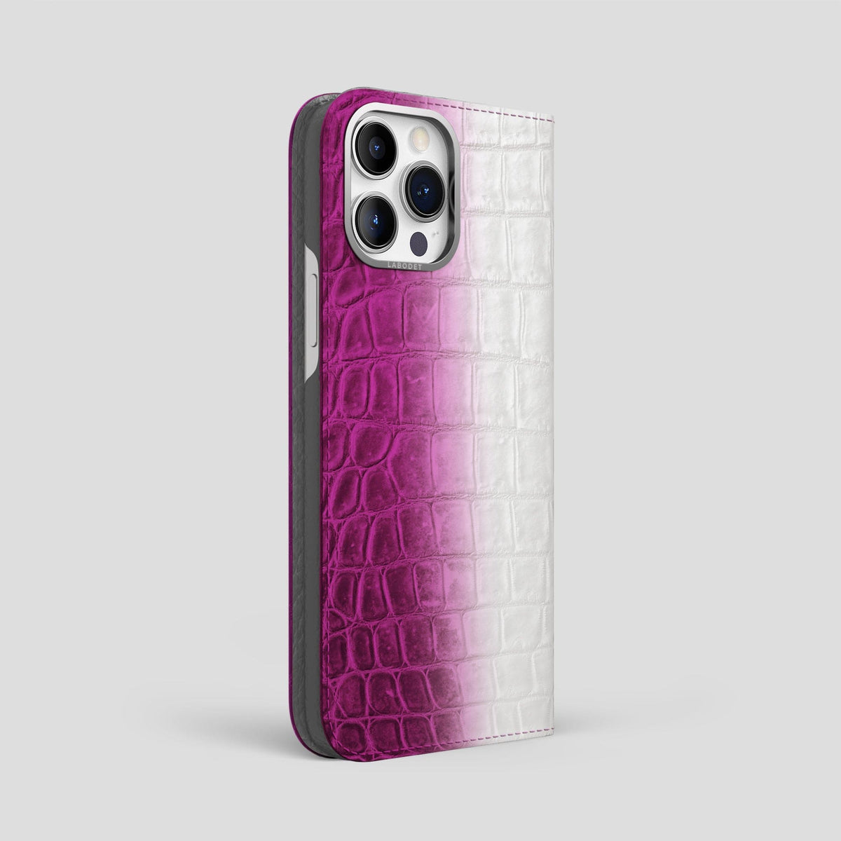 Fuchsia iPhone 14 Pro Max Folio Case Himalayan Crocodile with Steel Metal -1 | Fuchsia-Steel