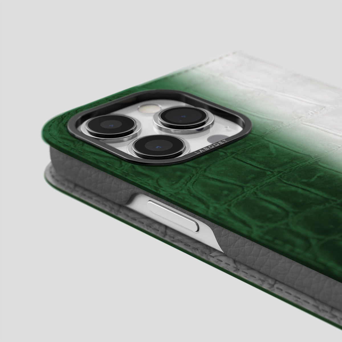 Green iPhone 14 Pro Max Folio Case Himalayan Crocodile with Black Metal -5 | Green-Black