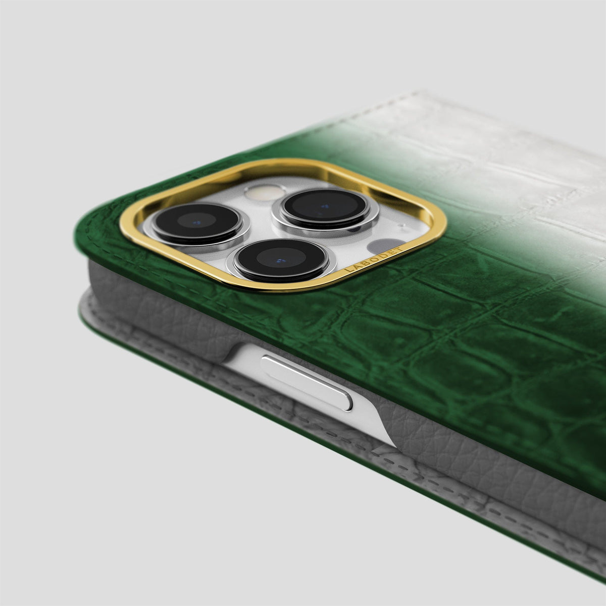 Green iPhone 15 Pro Max Folio Case Himalayan Crocodile with Gold Metal -5 | Green-Gold