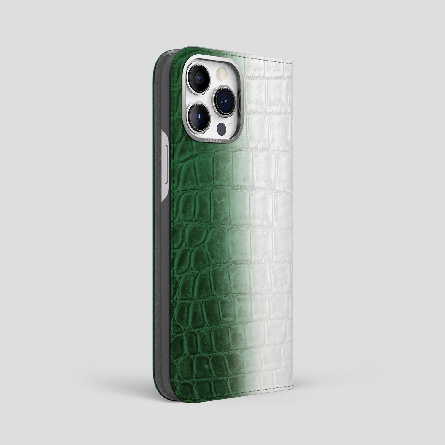 Green iPhone 15 Pro Max Folio Case Himalayan Crocodile with Steel Metal -1 | Green-Steel