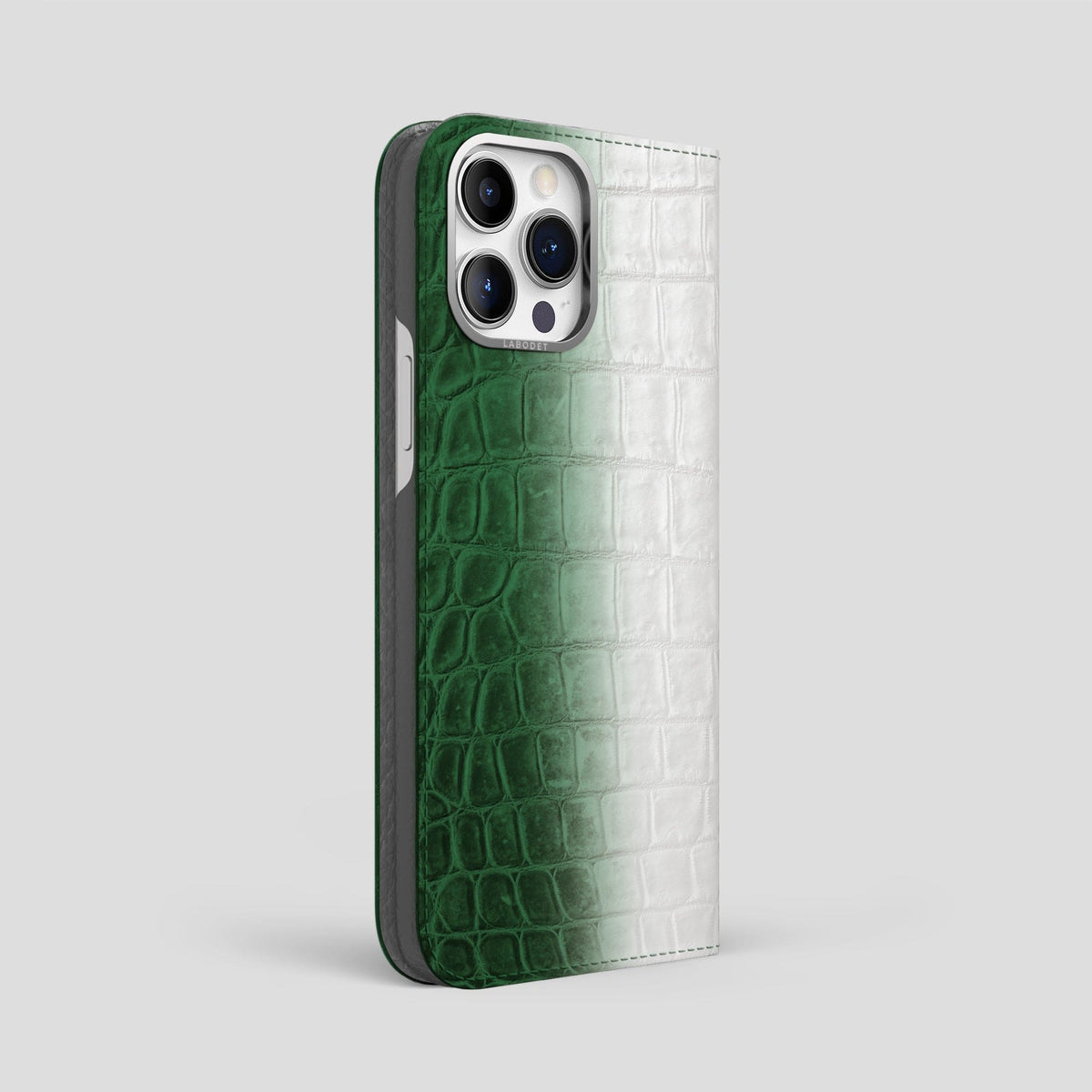 Green iPhone 14 Pro Max Folio Case Himalayan Crocodile with Steel Metal -1 | Green-Steel