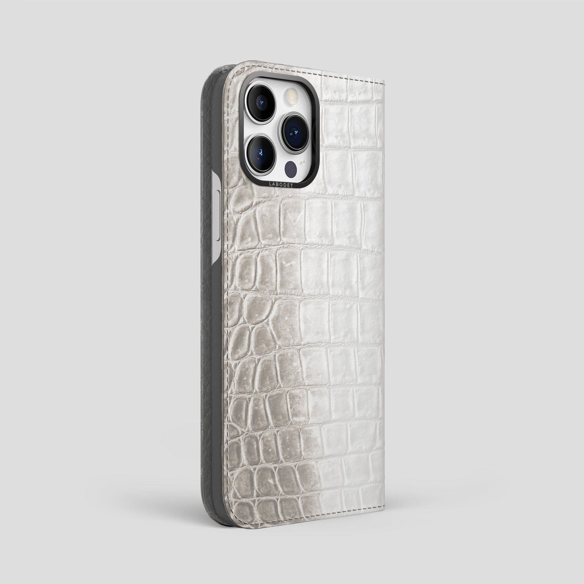 Light iPhone 14 Pro Max Folio Case Himalayan Crocodile with Black Metal -1 | Light-Black