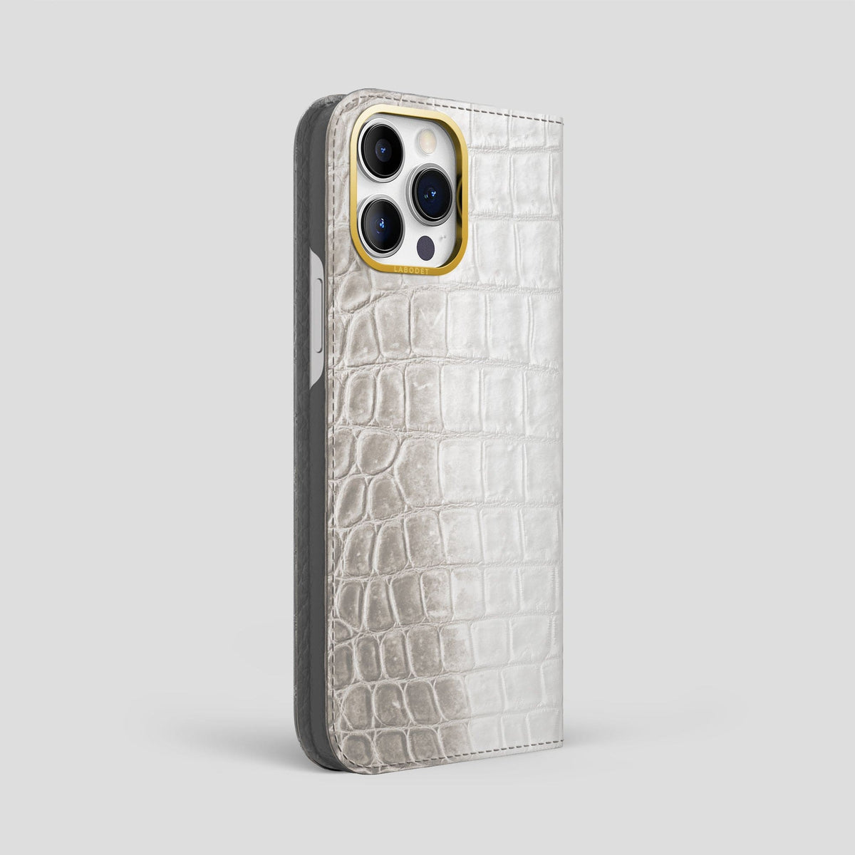 Light iPhone 14 Pro Max Folio Case Himalayan Crocodile with Gold Metal -1 | Light-Gold