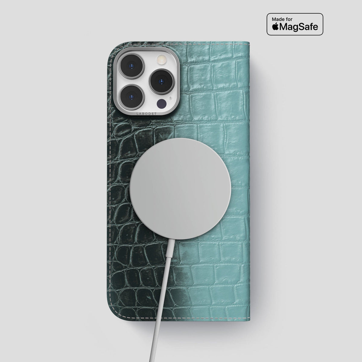 Light-Mint iPhone 14 Pro Max Folio Case Himalayan Crocodile with Steel Metal -3 | Light-Mint-Steel
