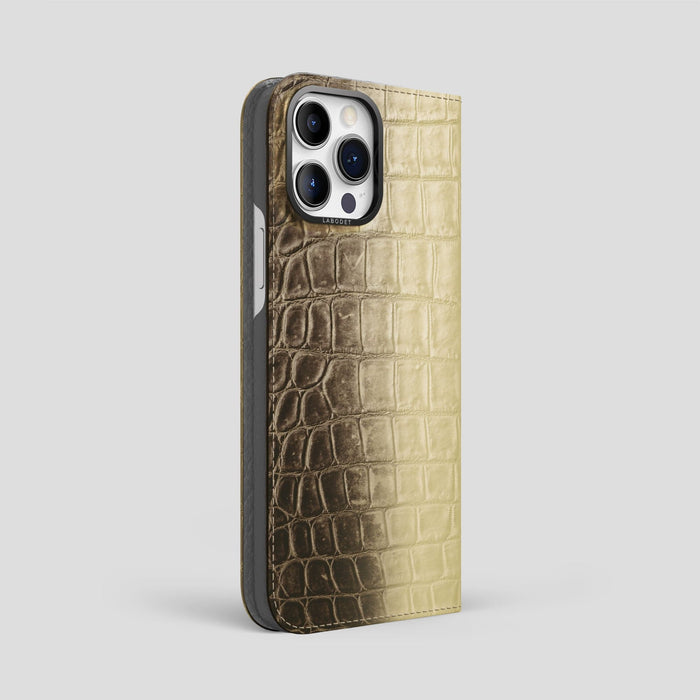 Natural iPhone 14 Pro Max Folio Case Himalayan Crocodile with Black Metal -1 | Natural-Black