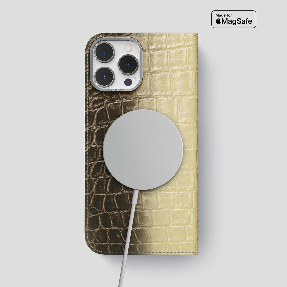 Natural iPhone 15 Pro Max Folio Case Himalayan Crocodile with Steel Metal -3 | Natural-Steel