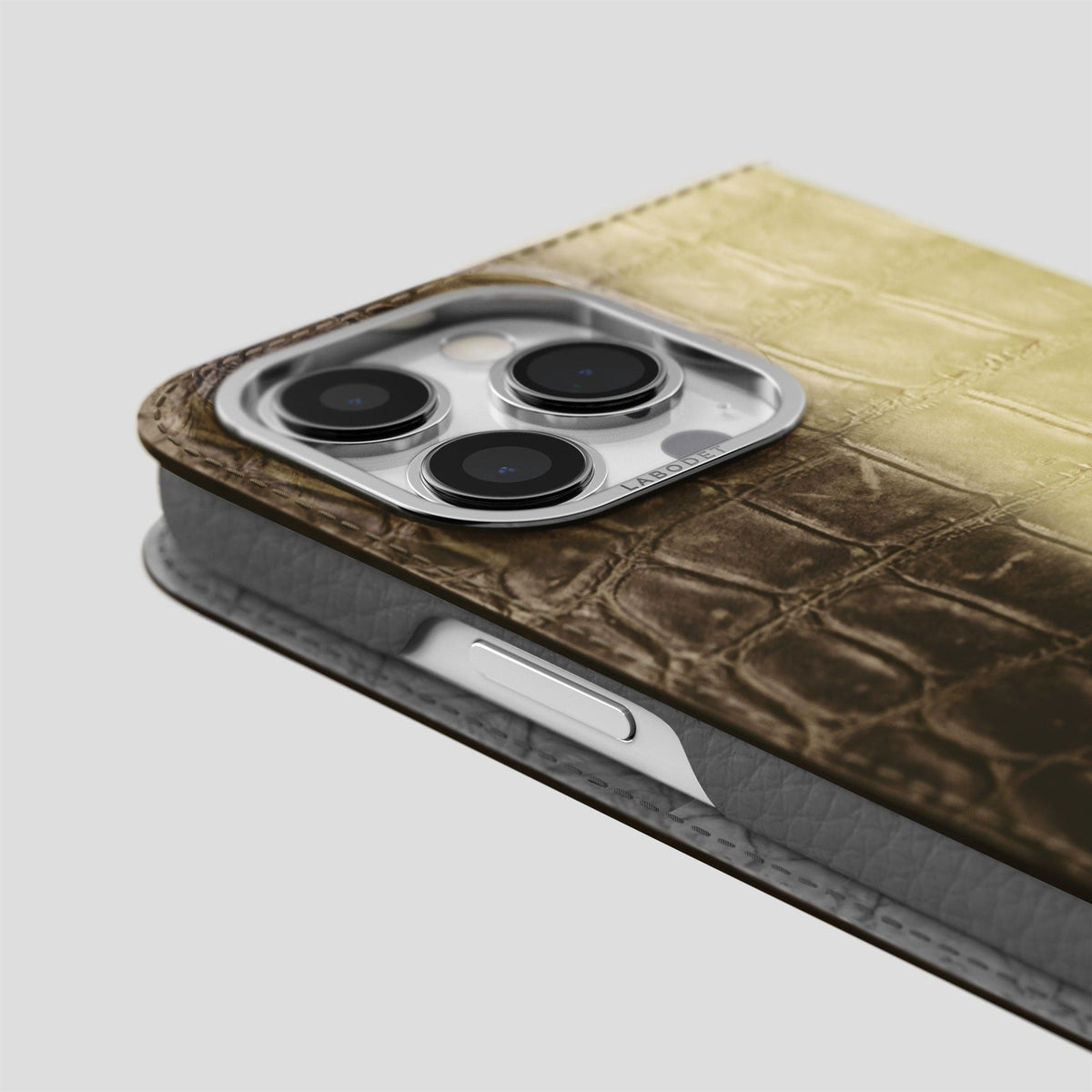 Natural iPhone 14 Pro Max Folio Case Himalayan Crocodile with Steel Metal -5 | Natural-Steel