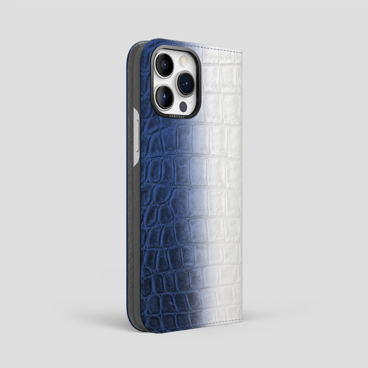 Navy Blue iPhone 14 Pro Max Folio Case Himalayan Crocodile with Black Metal -1 | Navy-Blue-Black