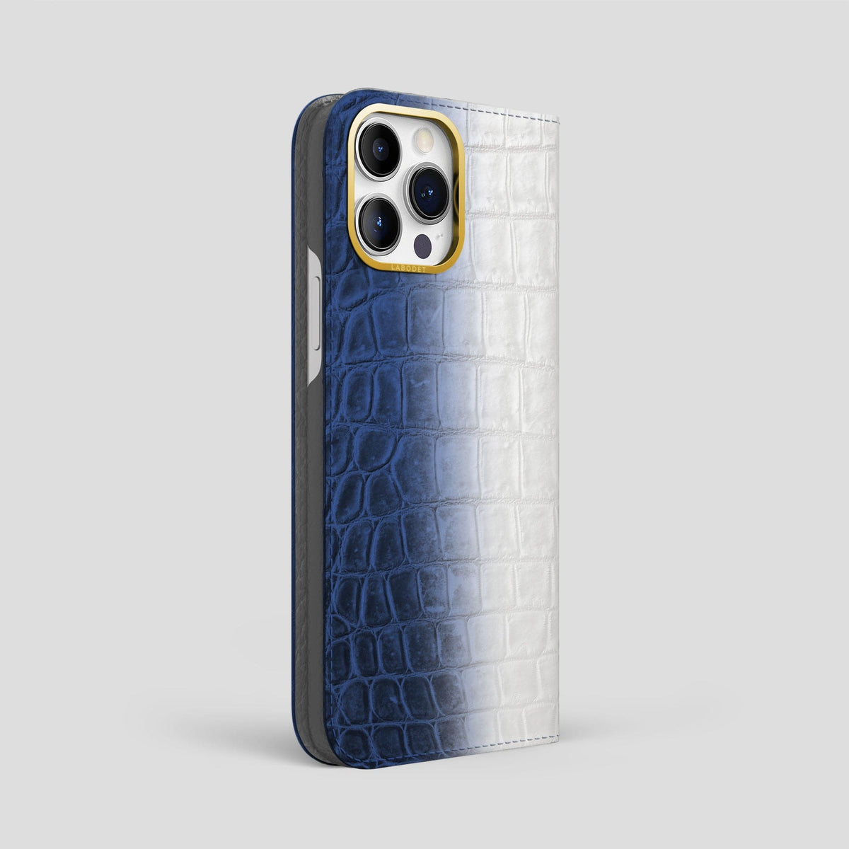 Navy Blue iPhone 14 Pro Max Folio Case Himalayan Crocodile with Gold Metal -1 | Navy-Blue-Gold