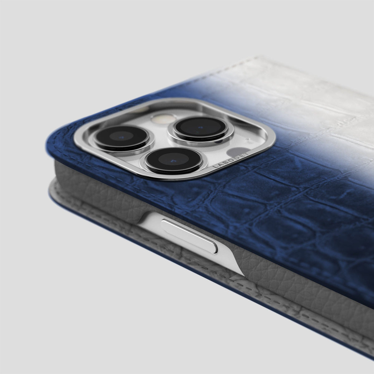 Navy Blue iPhone 14 Pro Max Folio Case Himalayan Crocodile with Steel Metal -5 | Navy-Blue-Steel