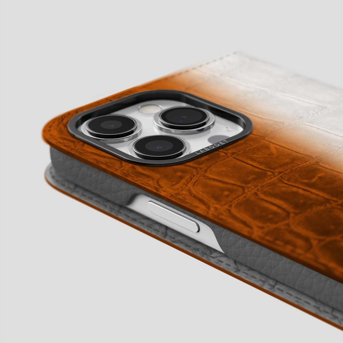Orange iPhone 15 Pro Max Folio Case Himalayan Crocodile with Black Metal -5 | Orange-Black