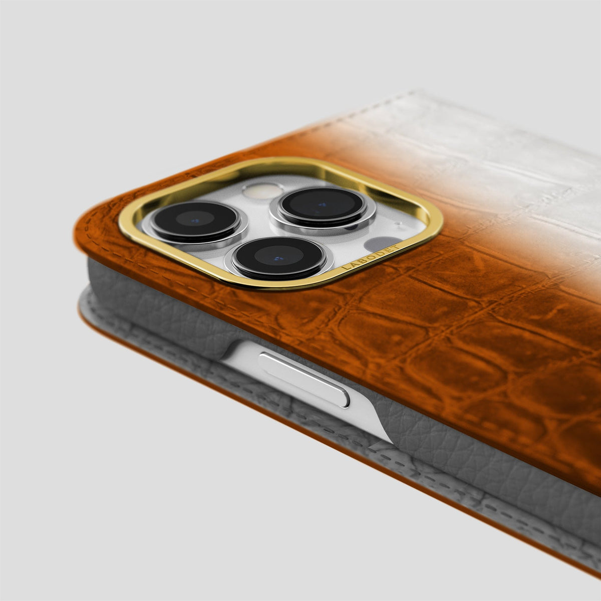 Orange iPhone 14 Pro Max Folio Case Himalayan Crocodile with Gold Metal -5 | Orange-Gold