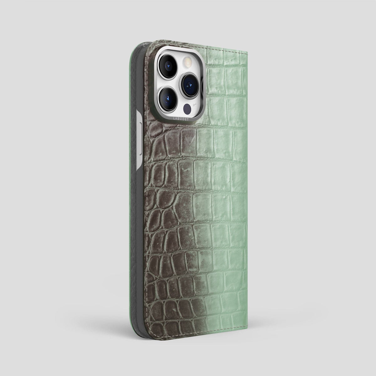 Pistachio iPhone 14 Pro Max Folio Case Himalayan Crocodile with Steel Metal -1 | Pistachio-Steel