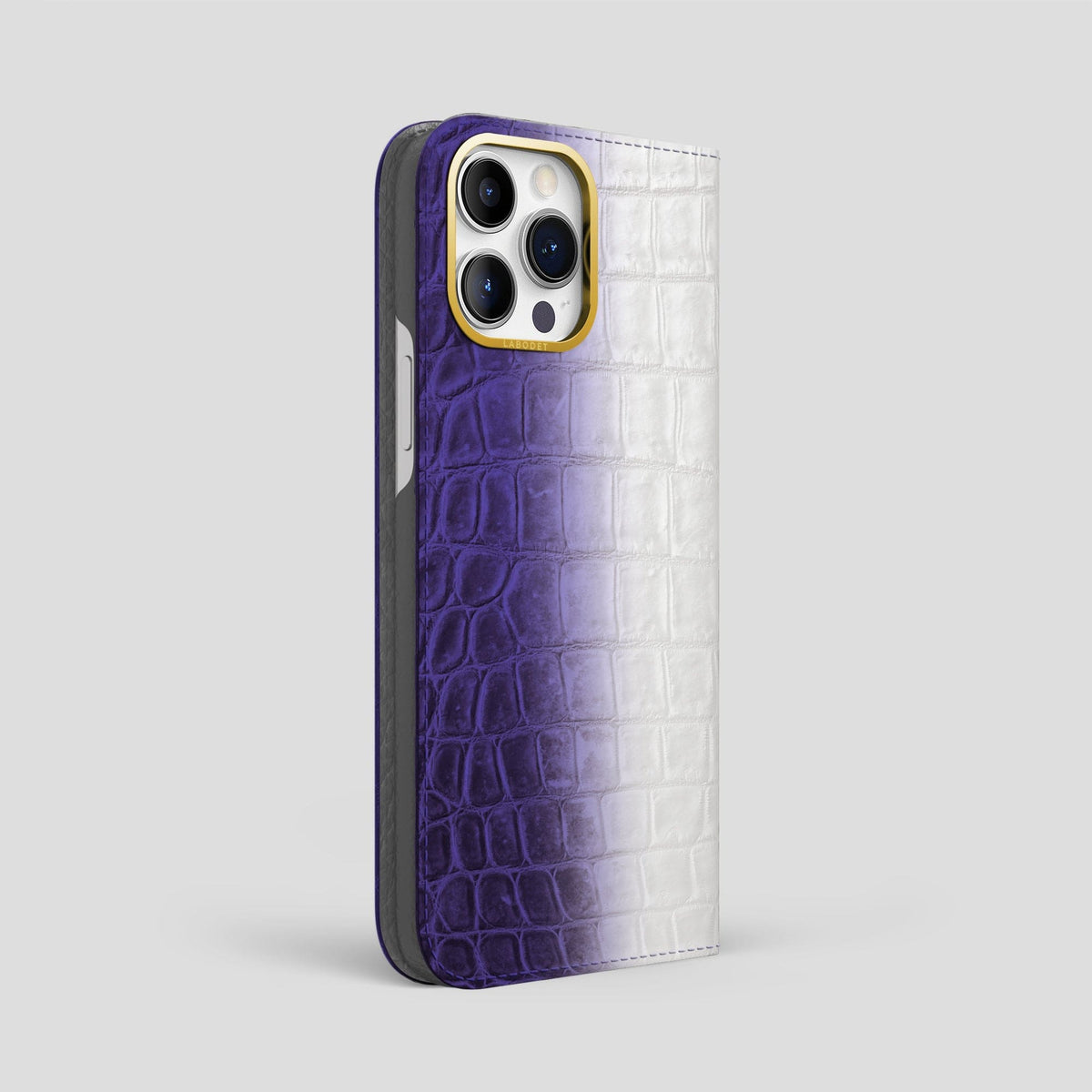 Purple iPhone 14 Pro Max Folio Case Himalayan Crocodile with Gold Metal -1 | Purple-Gold