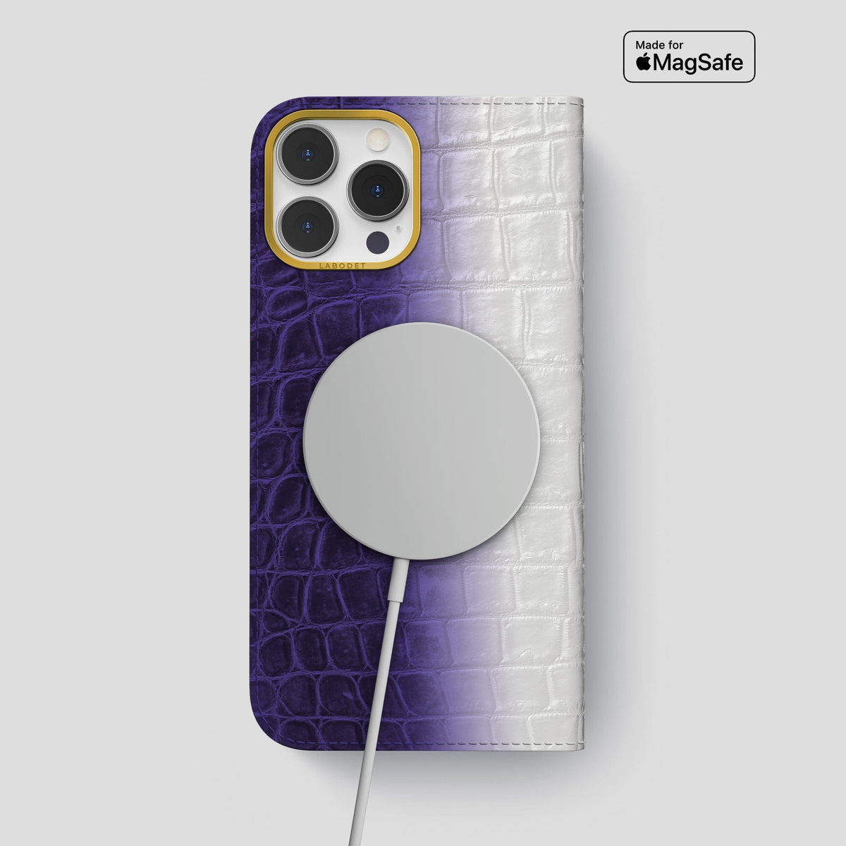 Purple iPhone 14 Pro Max Folio Case Himalayan Crocodile with Gold Metal -3 | Purple-Gold