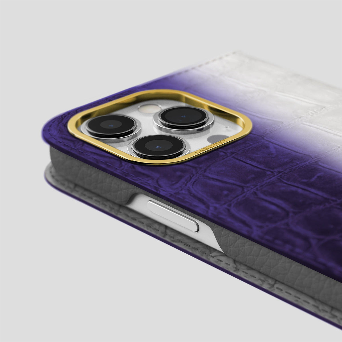 Purple iPhone 14 Pro Max Folio Case Himalayan Crocodile with Gold Metal -5 | Purple-Gold