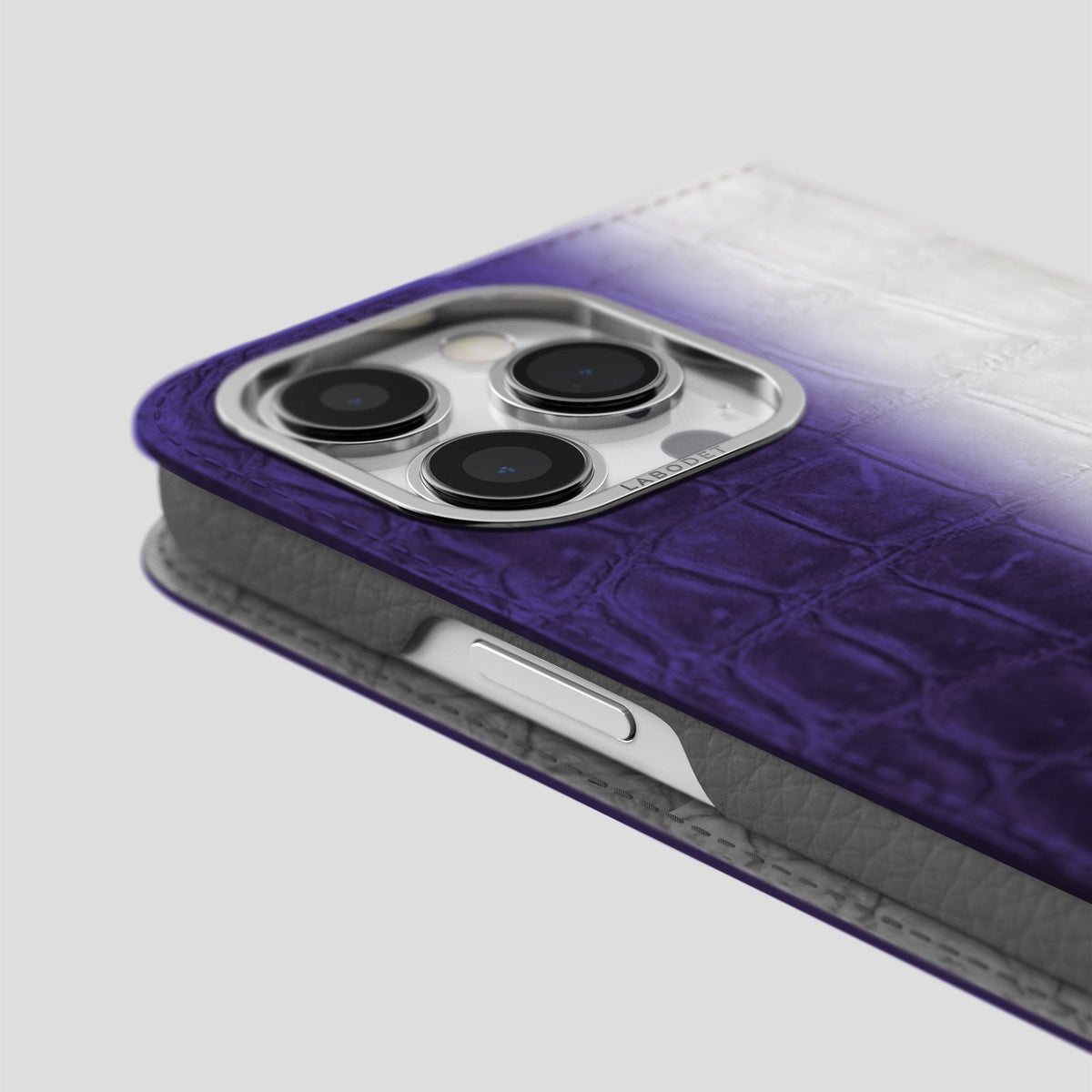 Purple iPhone 14 Pro Max Folio Case Himalayan Crocodile with Steel Metal -5 | Purple-Steel