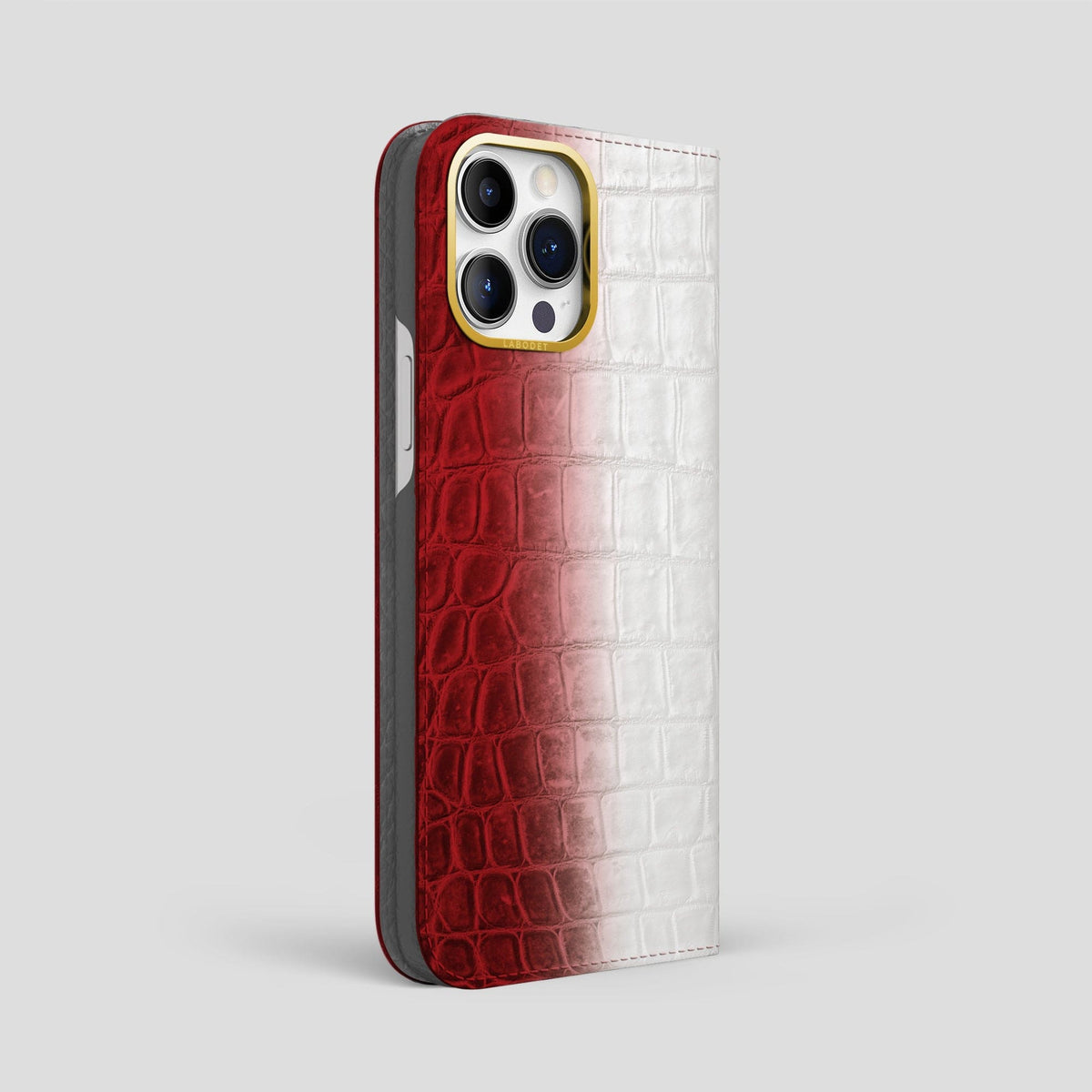 Red iPhone 14 Pro Max Folio Case Himalayan Crocodile with Gold Metal -1 | Red-Gold