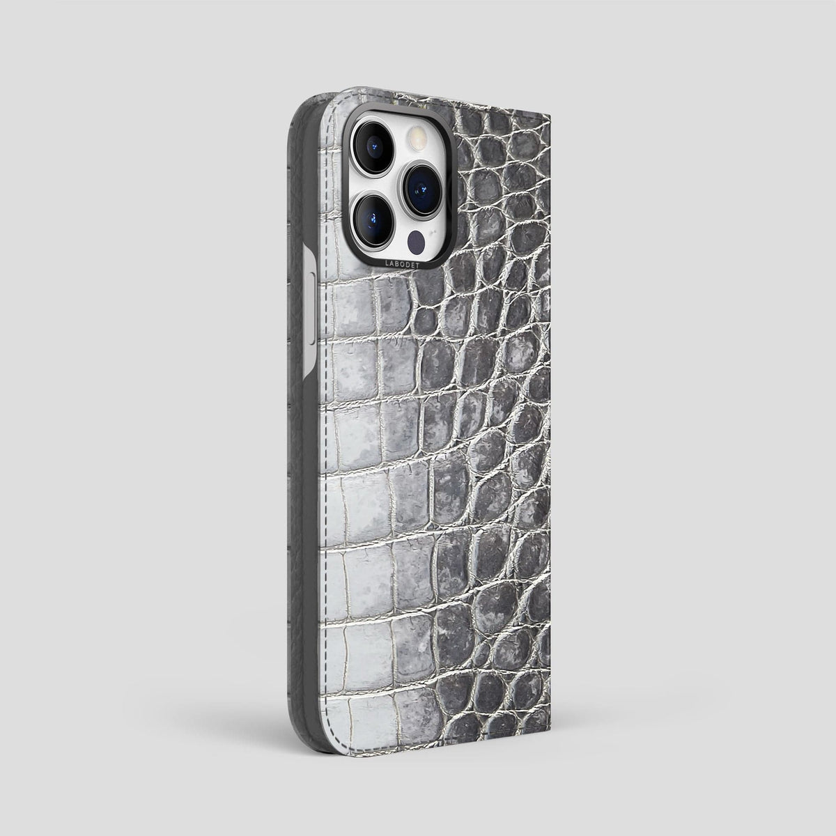 Silver iPhone 14 Pro Max Folio Case Himalayan Crocodile with Black Metal -1 | Silver-Black