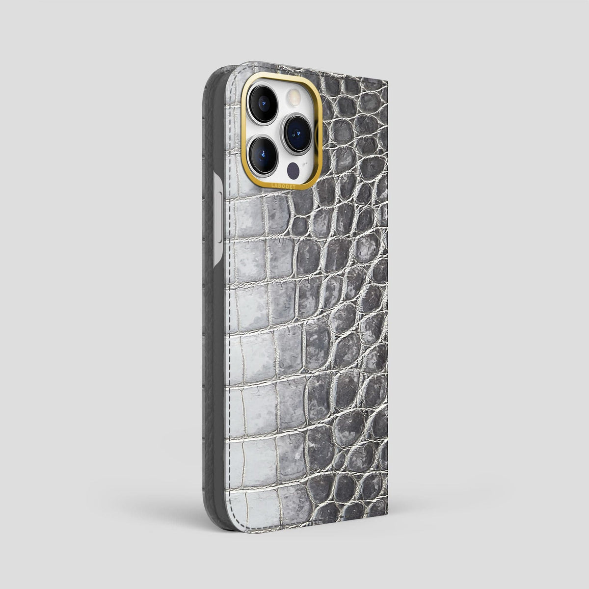Silver iPhone 14 Pro Max Folio Case Himalayan Crocodile with Gold Metal -1 | Silver-Gold