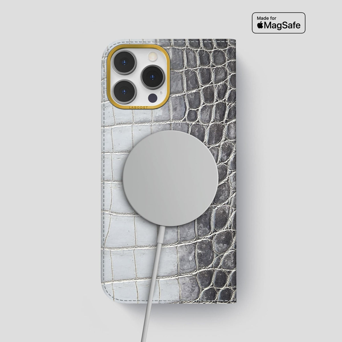 Silver iPhone 14 Pro Max Folio Case Himalayan Crocodile with Gold Metal -3 | Silver-Gold