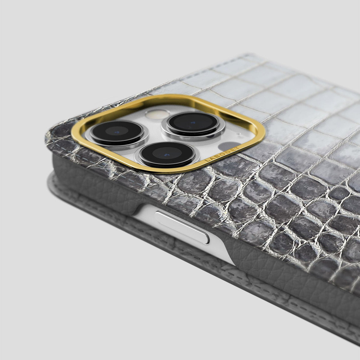 Silver iPhone 14 Pro Max Folio Case Himalayan Crocodile with Gold Metal -5 | Silver-Gold