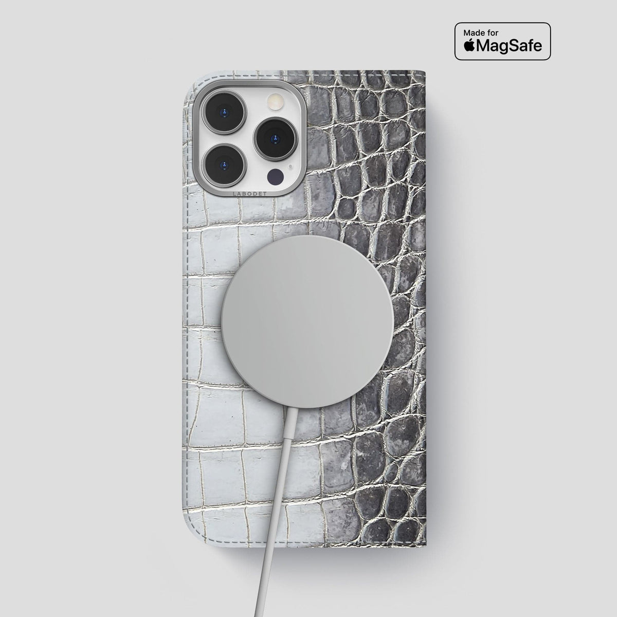 Silver iPhone 14 Pro Max Folio Case Himalayan Crocodile with Steel Metal -3 | Silver-Steel