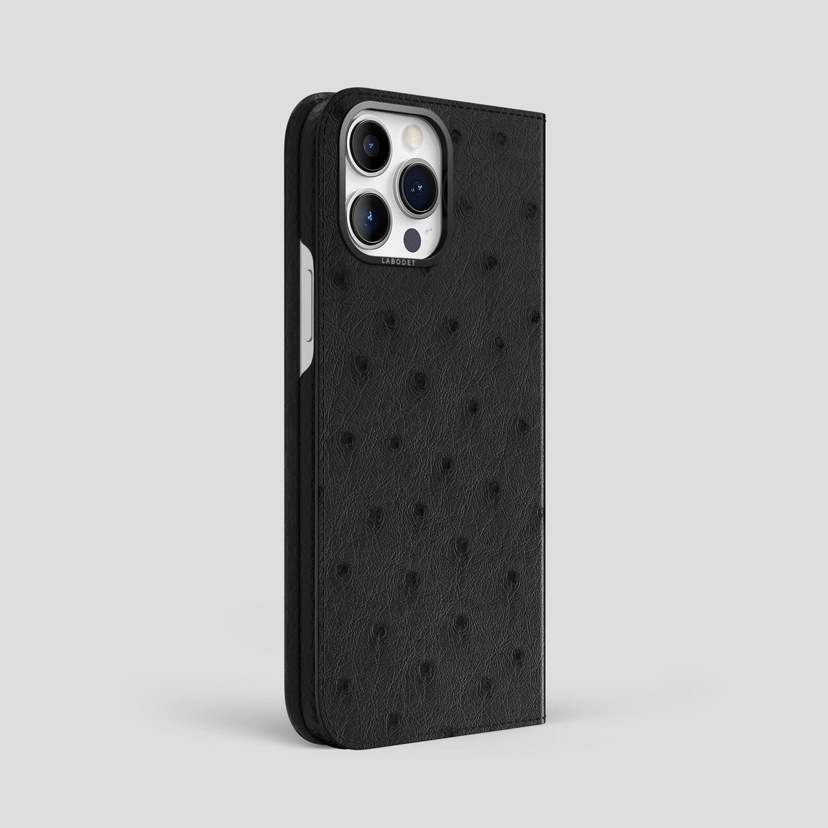 Black iPhone 14 Pro Max Folio Case Ostrich with Black Metal -1 | Black-Black
