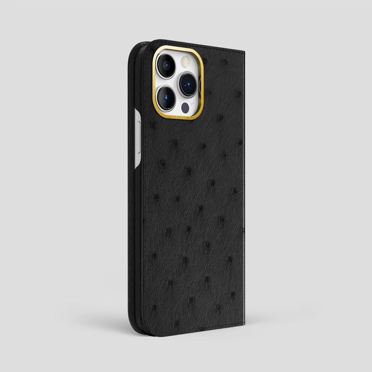 Black iPhone 15 Pro Max Folio Case Ostrich with Gold Metal -1 | Black-Gold